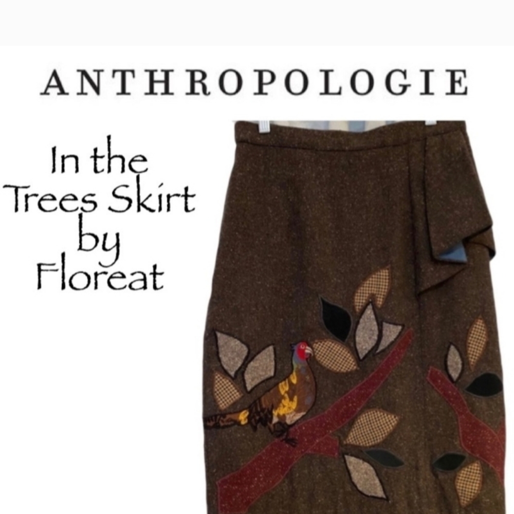 Anthropologie Floreat Brown Skirt with Bird Embroidery. Adorable!